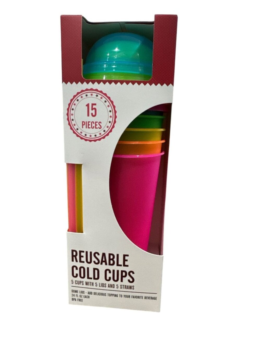Reusable Cold Cups Set - 5 Cups With Dome Lids & Straws - 24 Oz BPA-Free - Multi